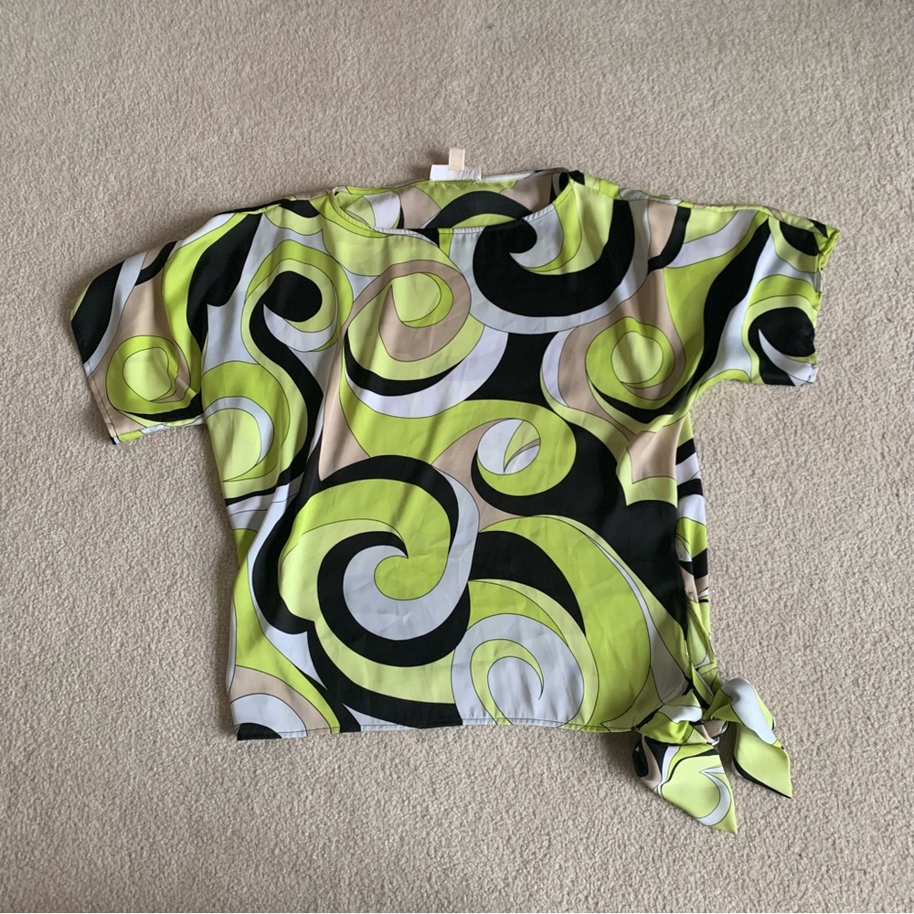 Michael Kors Tie Waist Lemon Green Beige Cream Floral Top (Size Small)